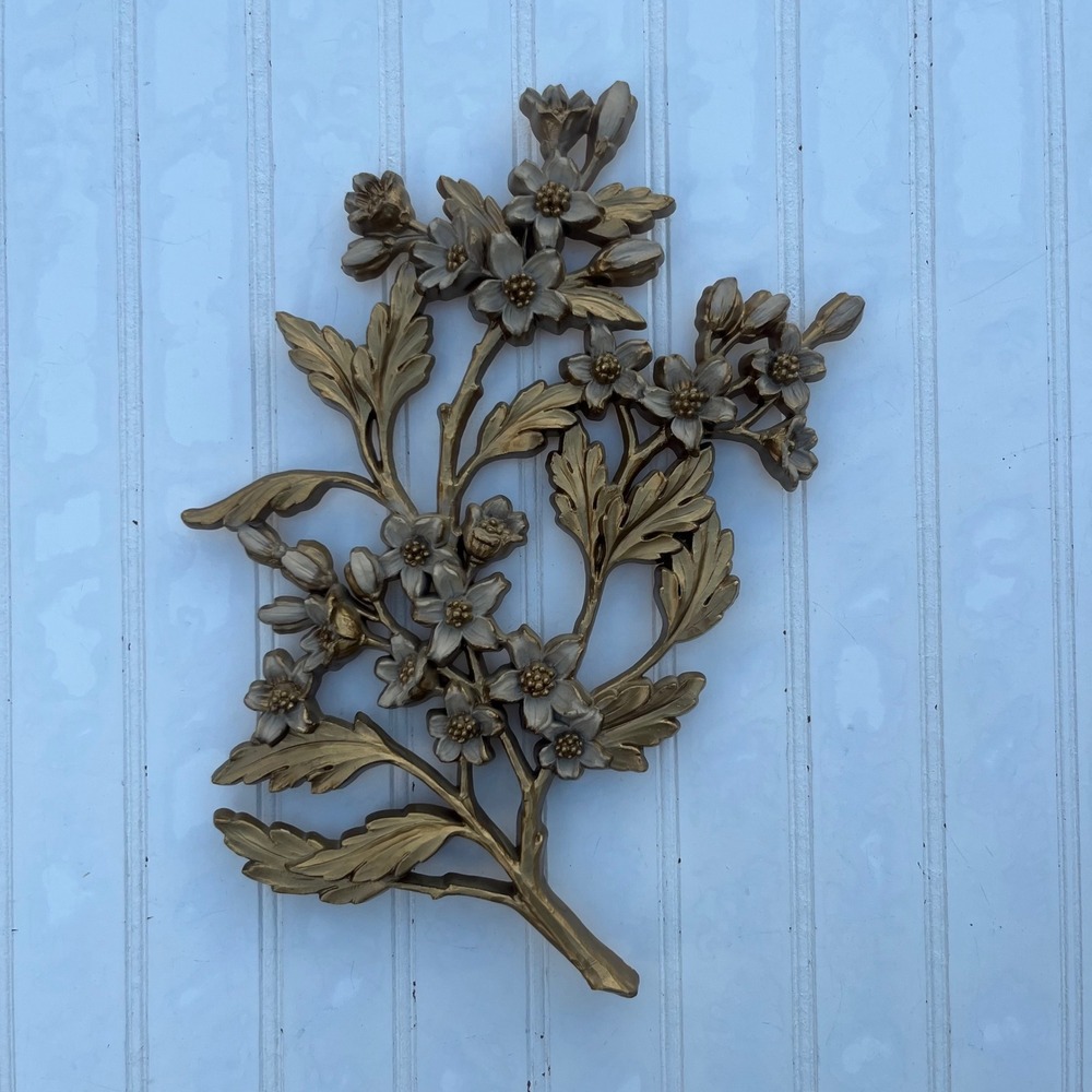 Vintage 1967 Syroco Gold Floral Wall Hanging Plaque Dogwood Branch MCM 7035